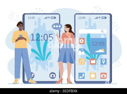 People with smartphone home screen. Man and woman near phone with widgets and applications. Gui, ui and ux for application. Touchscreen technology Stock Vector