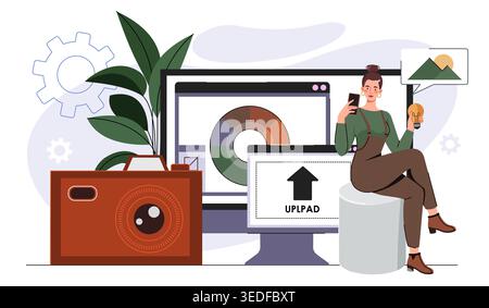 Image upload concept. Woman uploading pictures on internet. Electronic archive and storage, cloud service. Digital document online. Flat vector Stock Vector