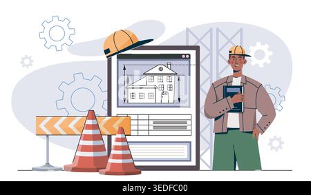 House building concept. Man in yellow hardhat near cones and barriers. Architecture and construction. Builder or architect. Real estate, house and Stock Vector