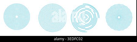 Concentric ripple circles set. Seismic Earthquake alert radar. Radial signal, sonar wave, soundwave rings. touch effect or pulse. Ripped, dashed and d Stock Vector
