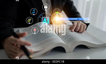 Modern Workspace with AI Technology Visualization Illustrating the Concept of Digital Assistance and Learning in Contemporary Education Environment Stock Photo