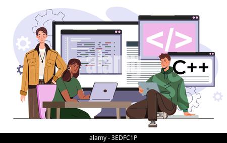 Programmers team concept. Man and woman write code for program or application. Coding and programming. Software development. Coders and it specialists Stock Vector