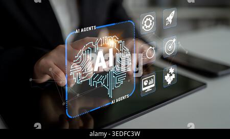 Business Professional Interacting with AI Technology Concept on Tablet Device, Visualizing Data and Intelligence with Innovative Interface and Stock Photo