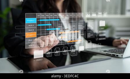 Digital visualization of multiple project timelines with progress tracking, documents, and team collaboration symbols Parse Stock Photo
