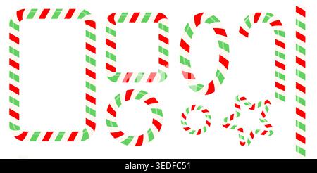 Set of frames twisted red and green   candy cane. Forms templates for the holiday. Square, circle, star, oval. Vector isolated Stock Vector