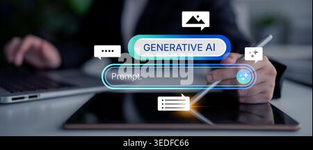 Generative AI prompt interface concept for creating content. Prompt design, AI prompt engineering, workflow, prompt input for text, image, and AI Stock Photo