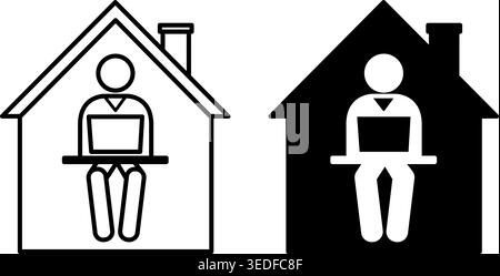 Home Office Icons. Black and White Vector Icon. Man Working on Laptop at Home. Freelance, Remote Work. Office Concept Stock Vector