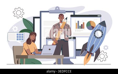 Pitch meeting concept. Woman and man with pencil near charts and rocket. Employees working on startup or business project. Collaboration and Stock Vector