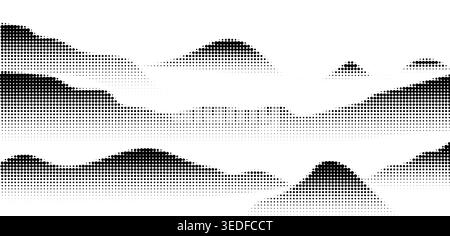 Grayscale vector halftone dots background with a fading dot effect, resembling a abstract mountain landscape. Black noise dots, a gradient grain effec Stock Vector