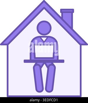 Colored Home Office Icon. Vector Icon. Man Working on Laptop at Home. Freelance, Remote Work. Office Concept Stock Vector
