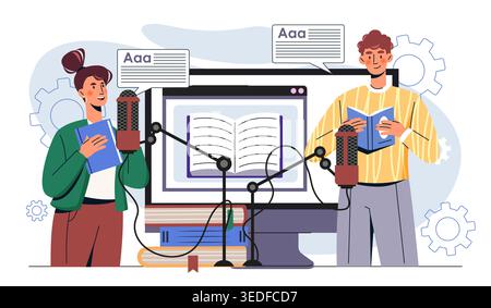 Rhetoric class online. Man and woman holding books near microphone. Speaking courses and oratory master class. Education, learning and training. Flat Stock Vector