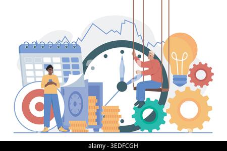 Work time management. Men near target, light bulb, and calendar. Planning and scheduling, organizing efficient workflow. Corporate tasks and goals Stock Vector