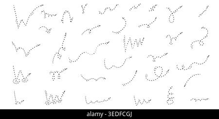 Manga and comic  arrow design elements.Bounce dotted effect arrows doodle set.   Jump dot trajectory, ball motion expression. Vector illustration, lin Stock Vector