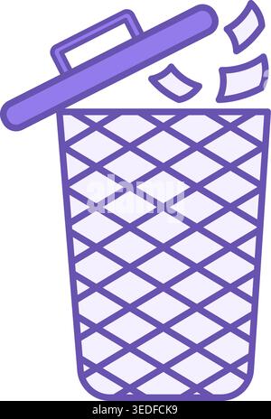 Colored Trash Icon. Vector Icon. Trash Can with Lid and Junk Files. Office Concept Stock Vector