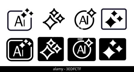 Shine Sparkle Icons with AI Symbol. Vector solid illustration, logo gradient, black flat vector symbol Stock Vector