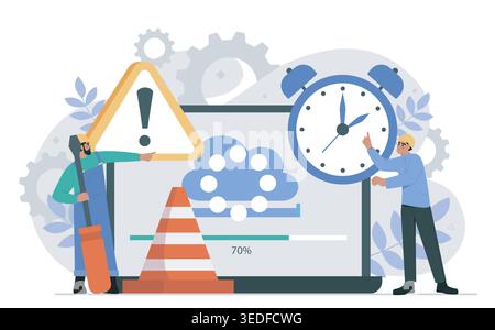 System update concept. Men in uniform near laptop. Updating operating system and downloading files. Maintenance and troubleshooting. Installation Stock Vector