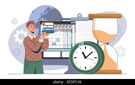 Time management concept. Man near clock, hourglass and calendar. Time management and effective workflow organization. Planning and scheduling. Flat Stock Vector