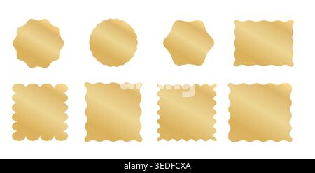 Set of golden square, circle stickers with wavy borders. Shining gradient gold labels, badges, price tags or coupons wiggly shapes isolated on white b Stock Vector
