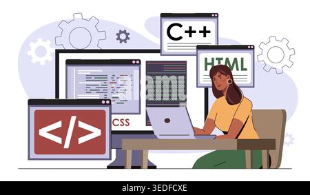 Web development concept. Woman with laptop coding for web page or website. Programmer and IT specialist write code for application. Backend developer Stock Vector