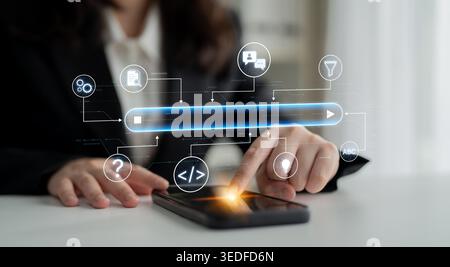 Generative search system powered by AI with data, process, intelligence, and automation in a seamless concept flow. Corpus Stock Photo