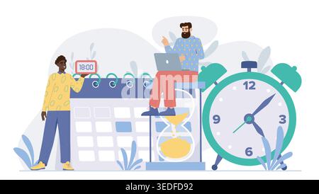 People with working hours. Men near calendar and hourglass. Time management, workflow organization. Corporate schedule. Productivity and efficiency Stock Vector