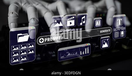 Futuristic Representation of AI Technology with Robotic Hands Interacting with a Digital Interface for Image Generation and Editing Quark. Stock Photo