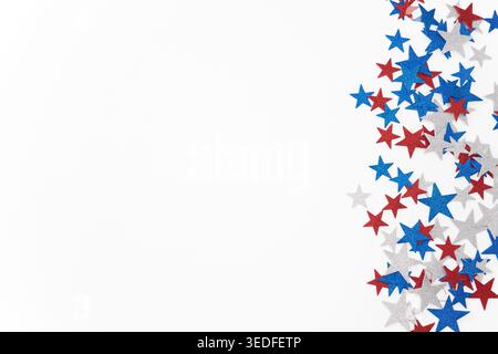 Red white blue glitter stars border on white background Stock Photo