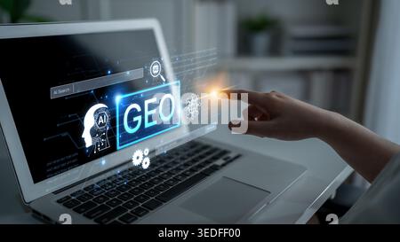 Digital marketing concept featuring GEO strategy. Generative AI search visual shows GEO interface integrating intelligence, logic, and AI input system Stock Photo
