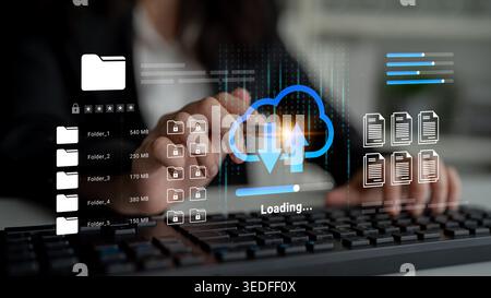 A business professional engages with a digital cloud storage interface in a modern office while holding a cup of coffee, illustrating the blend of Stock Photo
