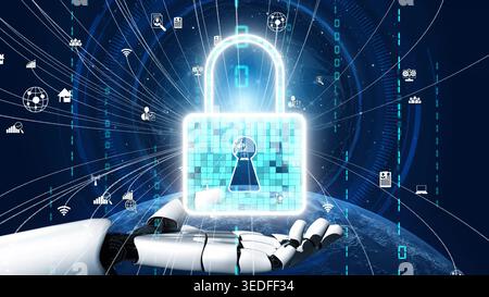 A futuristic robotic hand presents a luminous padlock, representing security and data protection, set against a vibrant technological backdrop Stock Photo