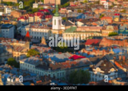 abstract blurred aerial showcases vibrant roof top old European city in warm sunlight drone photography colorful background pattern concept Stock Photo