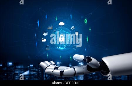 Futuristic Robot Hand Presenting Digital Security Concept with Shield and Data Symbols in Cyber Environment Quark. Stock Photo