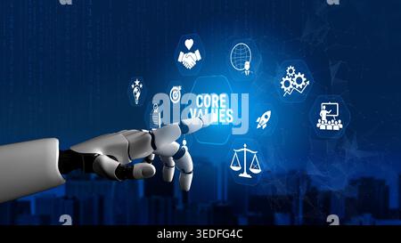 Futuristic Robot Hand Touching Icon Representing Core Values and Business Concepts on Digital Background with Technology Graphics and Icons Fluxor. Stock Photo