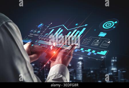 Innovative Digital Data Analysis and Visualization with Futuristic Touch on Mobile Device in Business Environment Haptic. Stock Photo