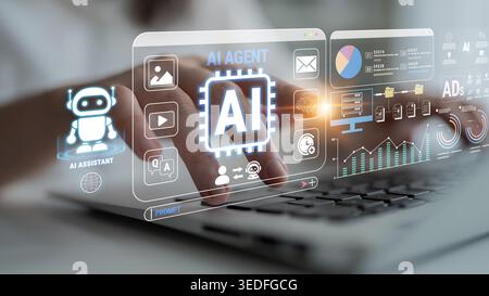 Innovative AI Technology Interface with Digital Visualizations and User Interaction on Laptop for Future-Driven Applications in Business and Data Stock Photo
