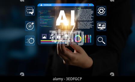 Futuristic Interface with AI Technology Visualization in Hand, Featuring Data Analytics, User Interaction, and Digital Elements for Modern Business Stock Photo