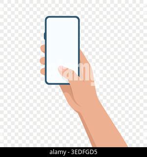 Hand Holding Smartphone with Finger Touching Screen, Vector Illustration. Mobile Phone UI Gesture. Touchscreen Interaction Concept. App Interface Stock Vector