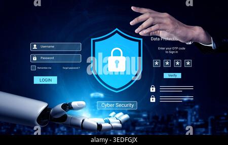 A futuristic cyber security concept featuring a robot hand reaching for a secure login interface in a digital landscape, highlighting advanced Stock Photo