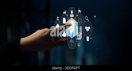 Hand Touching Security Icon on Digital Interface for Protection and Safety Concept in Modern Technology Environment Quark. Stock Photo