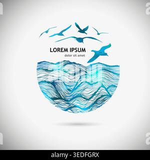 Sea blue icon. Waves and seagulls. Vector illustration Stock Vector