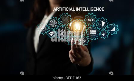 Businesswoman Presenting Digital Interface Representing Artificial Intelligence with Gears and Icons for Technology Innovation and Futuristic Stock Photo