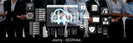 Cloud upload and download icon with surrounding data management, security, and analytics icons in digital interface Parse Stock Photo