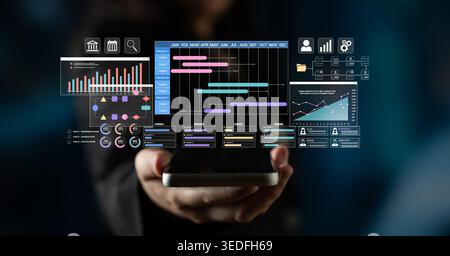 Dynamic Data Visualization Concept with Graphs Charts and Digital Interface on Smartphone Device in Business Environment Haptic. Stock Photo