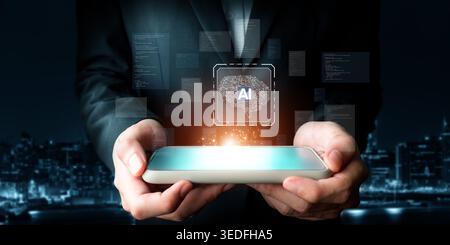 A professional in a suit holds a smartphone displaying AI generative technology, featuring data visualization in a modern city setting, symbolizing Stock Photo