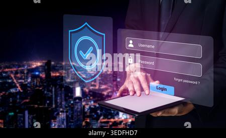 A business person interacts with a tablet displaying a login interface, emphasizing cybersecurity in a vibrant urban night scene, showcasing Stock Photo