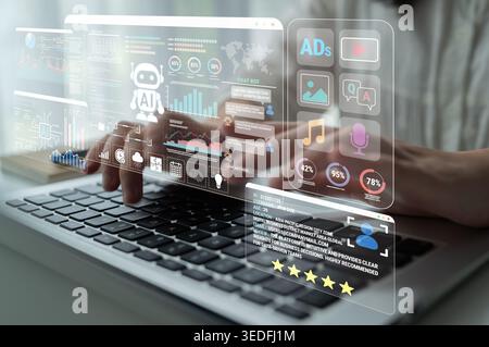 Futuristic Digital Interface with Data Analysis and AI Technology Enhancements on Laptop Screen in Modern Workspace Environment Fluxor. Stock Photo
