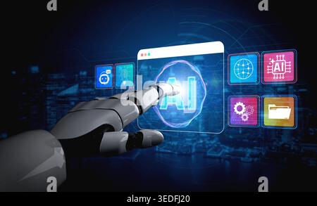 Futuristic robotic hand reaching towards artificial intelligence interface with icons representing technology and innovation in digital landscape Stock Photo