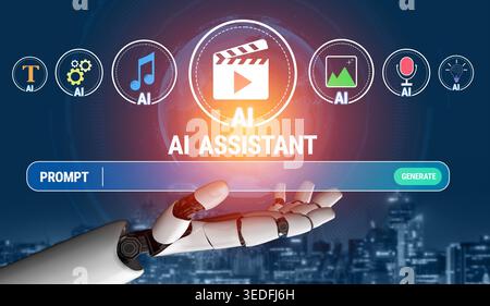 Futuristic Robot Hand Reaches Out to AI Assistant Interface with Various Media Icons Including Music, Video, and Photography Elements Quark. Stock Photo