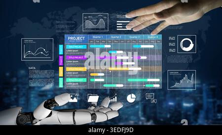 Futuristic Interface Showing Project Management Data with Robotic Hand and Human Interaction in a Digital Environment Gluon. Stock Photo