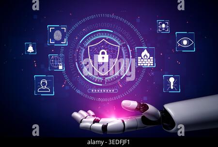 Futuristic Robotic Hand Displaying Digital Security Symbols with Binary Code Background for Cybersecurity Concept Quark. Stock Photo